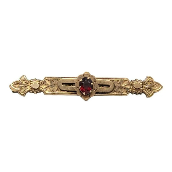 Antique Victorian Gold Filled Embossed Red Rhinestone Bar Pin Brooch C Clasp - Picture 1 of 4